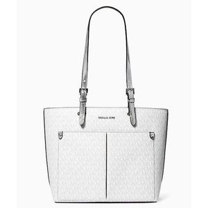 New Michael Kors Jet Set Travel Medium Double Pocket Logo Tote Optic White